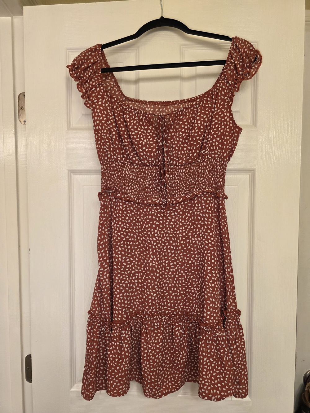 Rust Red Polka Dot Smocked Flutter-Sleeve Dress Sz S